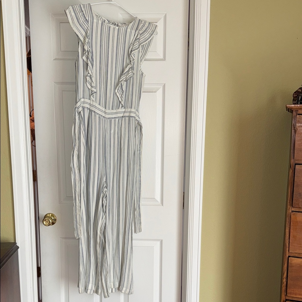 LC Lauren Conrad Ruffle Striped Jumpsuit - Cream and Blue